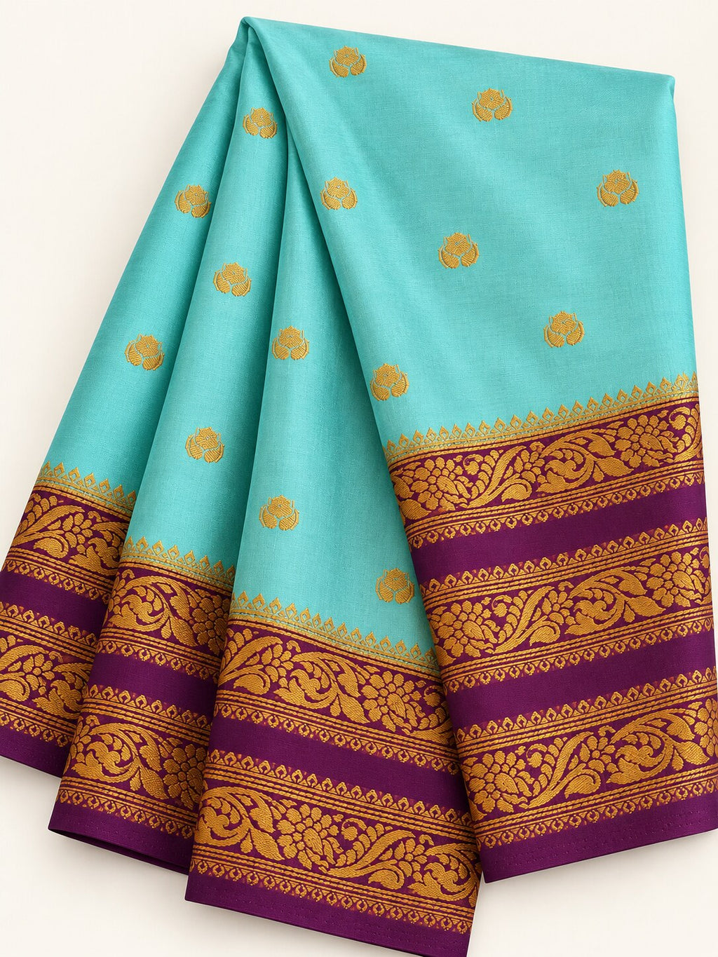 Aqua Lotus Butti Saree with Plum Vine Border – border and motif detail