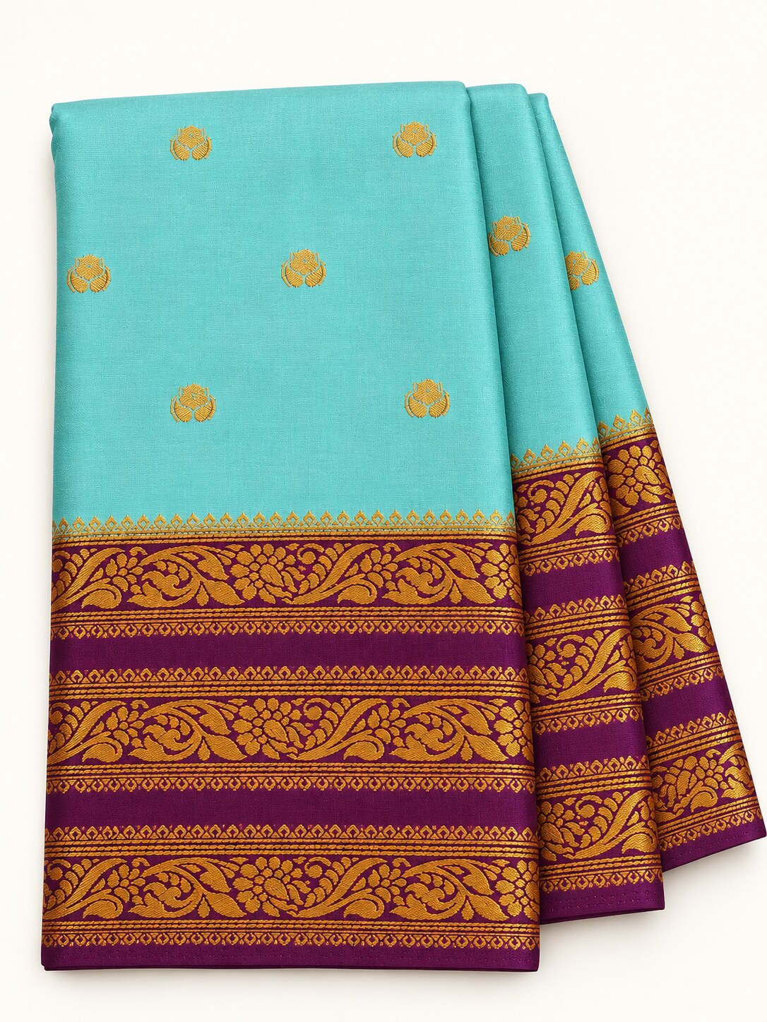 Aqua Lotus Butti Saree with Plum Vine Border – full view