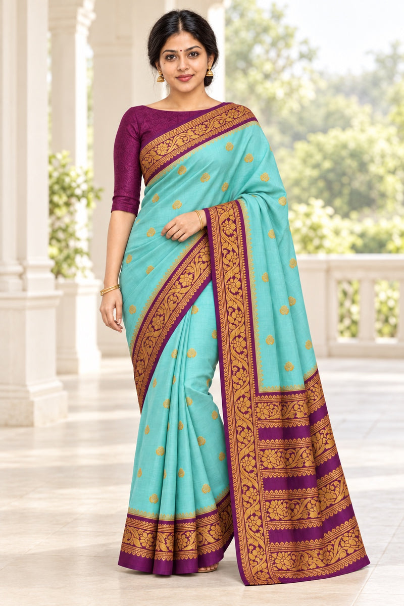 Aqua Lotus Butta Saree with Plum Vine Border – styled model photo