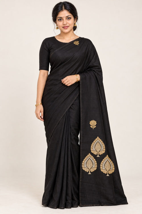Black Saree with Peepal Tree Zari Motifs – worn