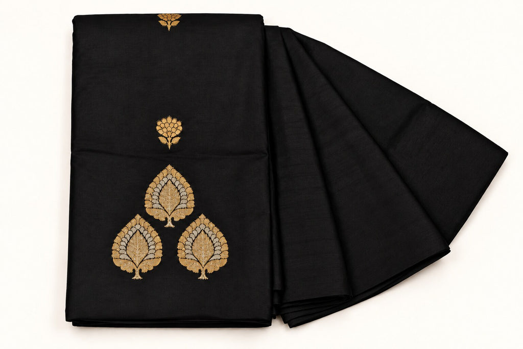 Black Saree with Peepal Tree Zari Motifs – full view