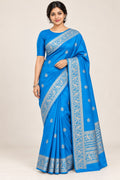 Azure Blue Saree with Silver Zari Parrot Border – worn