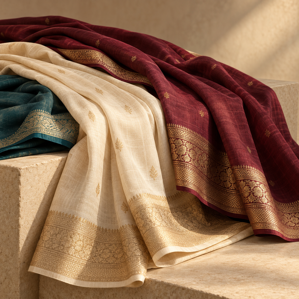 Burgundy, ivory and deep teal saree folds with gold zari borders in warm natural light.